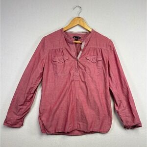 Gap Red Chambray Henley Tunic Pop Over Shirt Long Sleeve Button Up Collar Size S